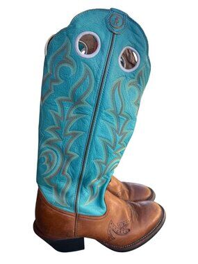 Tony Lama Emmaline Womens Turquoise Brown Leather Western Boots Sz 8B Round Toe